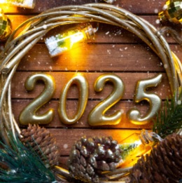 Golden 2025 surrounded by pinecones and a golden circle