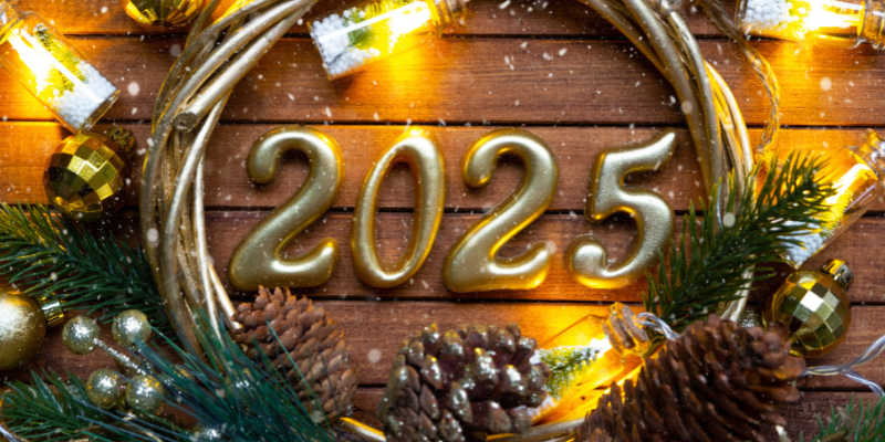 Golden 2025 surrounded by pinecones and a golden circle