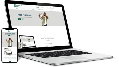 computer and phone screen showing the MidWestOne bank Free Checking page