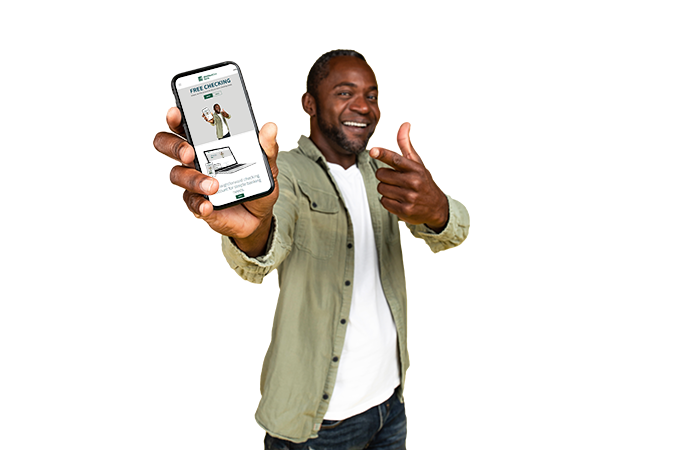 Male with dark skin and black hair wearing green jacket pointing to and holding cell phone showing MidWestOne Bank Free Checking page