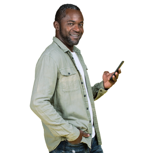 male with dark skin and black hair wearing green jacket holding phone and looking at camera