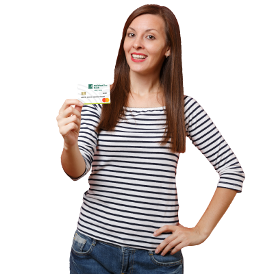 Woman with light skin and dark brown hair wearing a white and black striped shirt smiling and holding a MidWestOne Bank debit card
