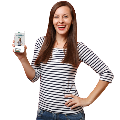 Woman with light skin and dark brown hair wearing striped white and black shirt smiling and holding cell phone showing MidWestOne Bank Freedom Checking page
